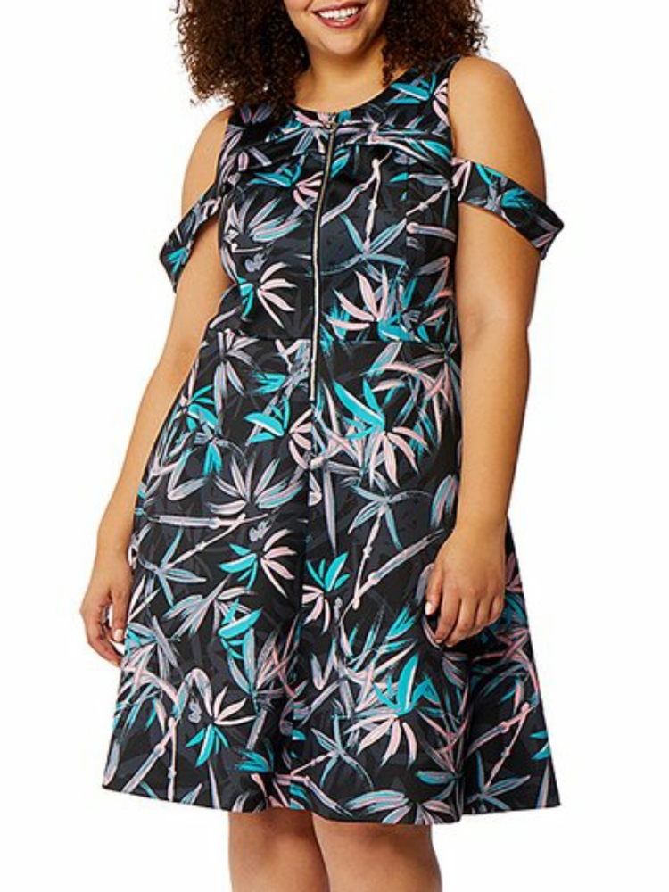 Rebel Wilson Dress Palm Leaf Cold Shld Fit & Flare